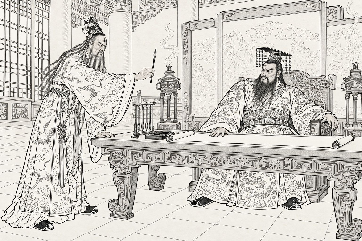 仿清末石印本的線描:殿上,長鬚、額上生著第三隻眼的聞太師俯身立在御案一端,舉著蘸飽墨的筆遞過去;紂王靠坐在雕龍椅上,一手按在攤開的空白長卷上,皺著眉移開目光。