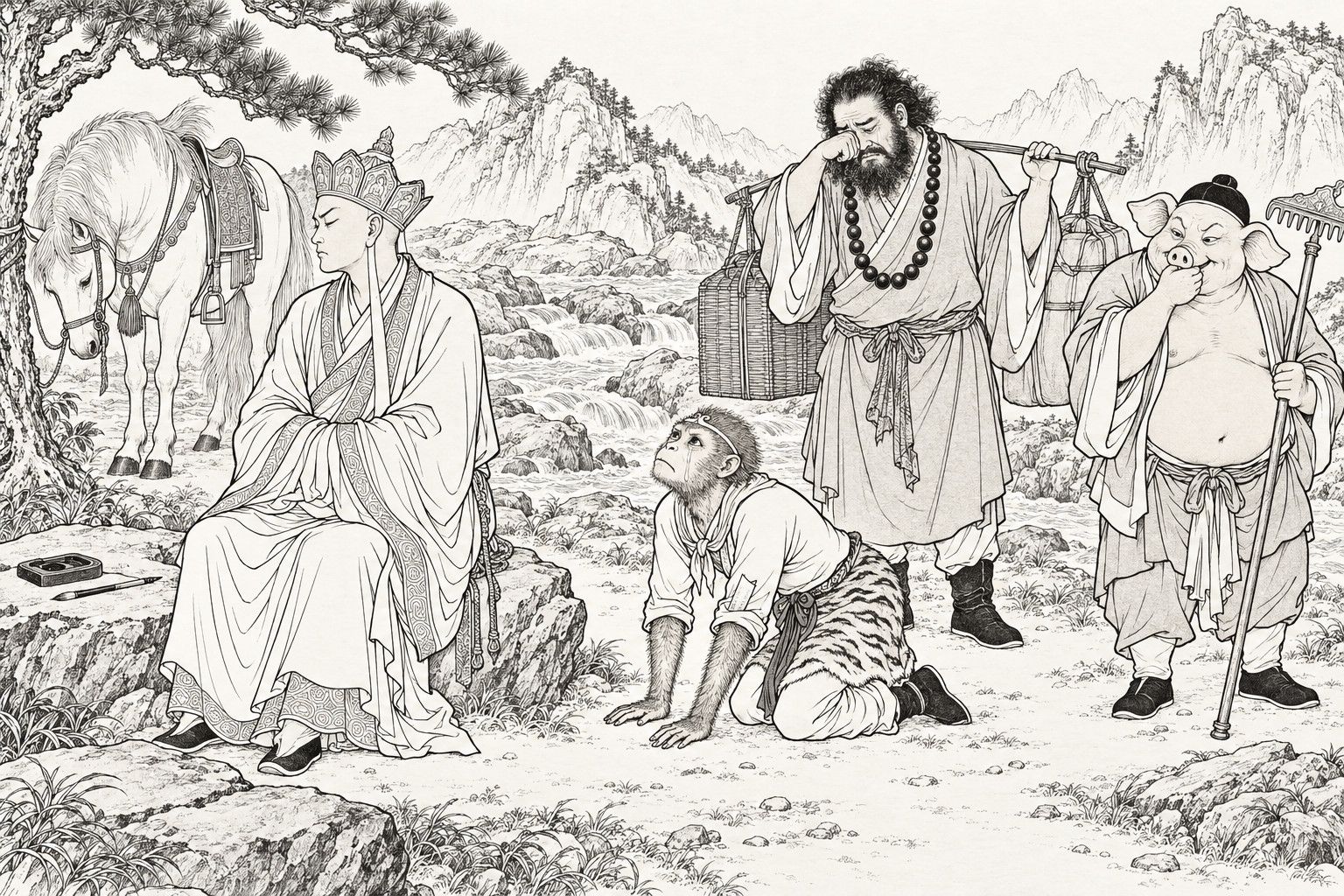 仿清末石印本的线描：白日山涧边，僧人坐在石上侧脸闭目不看，猴形徒弟双手按地跪在他面前仰面落泪，后面络腮胡的徒弟挑着行李抬手抹泪，猪面徒弟持钉耙掩口窃笑，白马拴在松树下低着头。