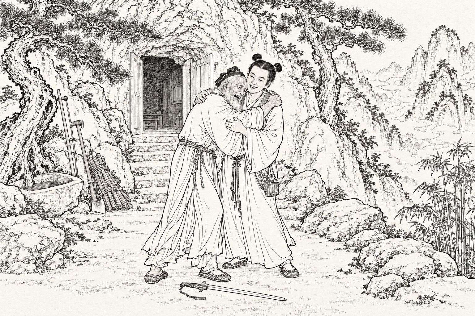 A line drawing in the manner of a late-Qing lithographed edition: before the open door of a mountain cave, a white-bearded old man in a coarse robe tied with rope laughs and weeps as he embraces a smiling young Daoist with a flower basket at his waist; a sword lies on the ground between them, and firewood, axes and a stone trough stand beside the pines.