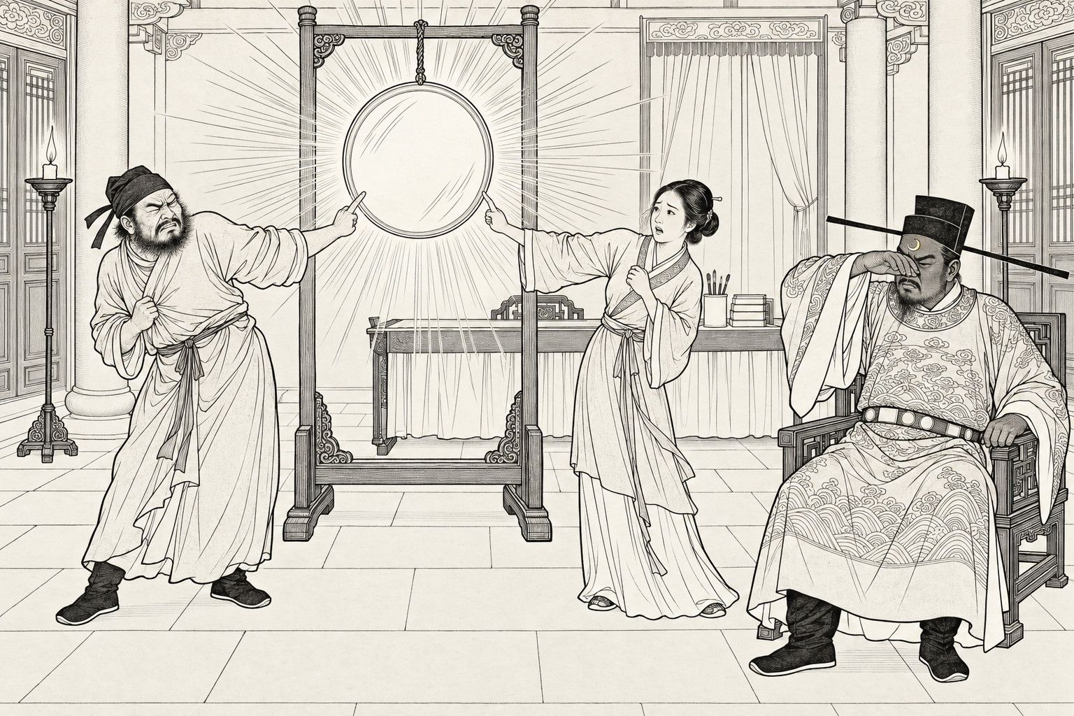 A line drawing in the manner of a late-Qing lithographed edition: at night in the second hall, a round bronze mirror on a tall wooden stand blazes with rays of light; on either side of it a bearded man, wincing and shrinking back, and a young woman, frightened, each stretch out one hand with a finger pointing to the glass, while the dark-faced prefect Bao Zheng, a small crescent on his forehead, sits in an armchair beside them with his sleeve raised to shield his eyes.