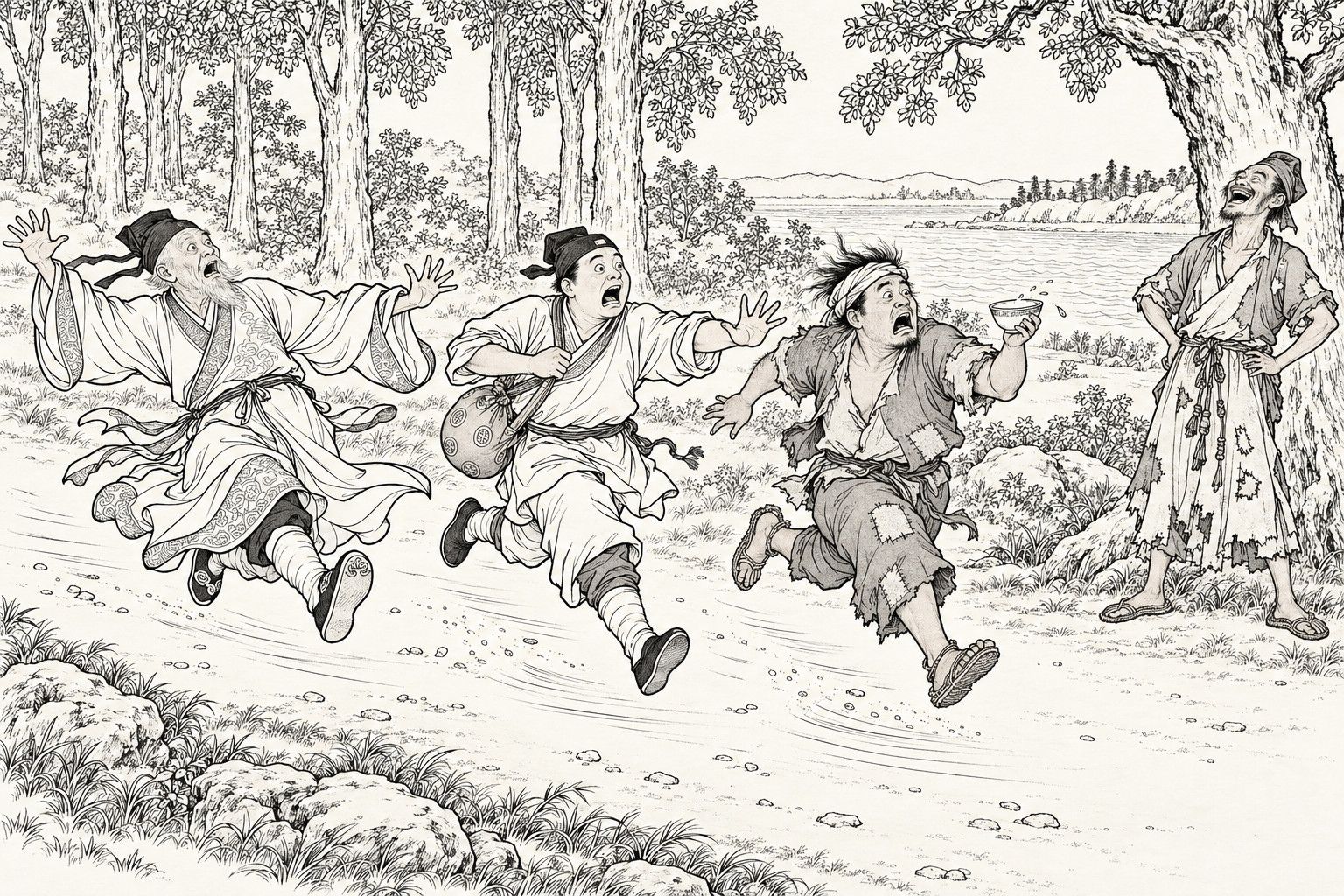 A line drawing in the manner of a late-Qing lithographed edition: on a country road beside a lake, three men run at full speed side by side with flailing arms and open mouths: an old man with a thin beard, a young servant with a money bag across his chest, and a village man holding up a small bowl; a ragged monk at the right leans against a tree with his hands on his hips, roaring with laughter.