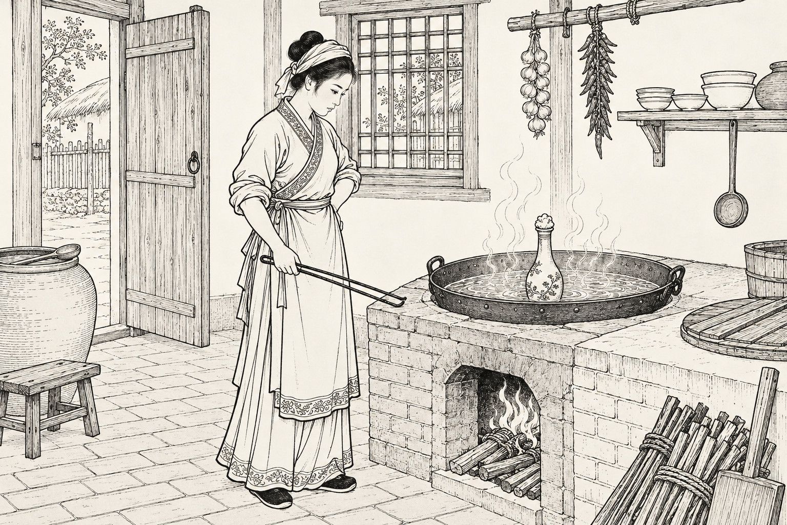 A line drawing in the manner of a late-Qing lithographed edition: in daytime in a village kitchen, a young farm wife with a kerchief-wrapped bun and rolled-up sleeves stands beside a brick stove holding iron fire tongs and looks down, tight-lipped, at a narrow-necked bottle with a cotton-stuffed mouth standing in a broad iron pan of steaming water, with a small fire in the stove, a window, a half-open plank door, a water jar and hanging garlic and peppers around her.