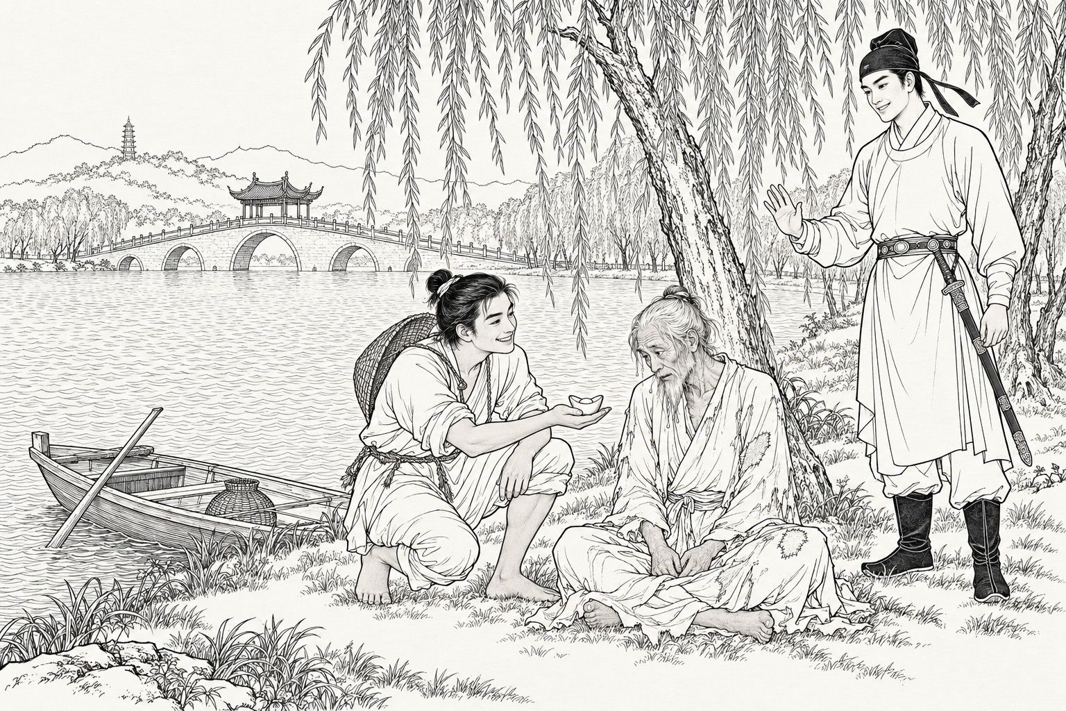 仿清末石印本的線描：白天的西湖柳堤，背後是拱形斷橋和橋亭；揹著漁網的年輕漁郎笑著蹲在渾身溼透、形容枯瘦的老人身旁，掌心托著一錠銀子遞過去；右邊，裹頭巾、穿長衫的高個青年武生佩劍走上一步，抬手要為老人作保。
