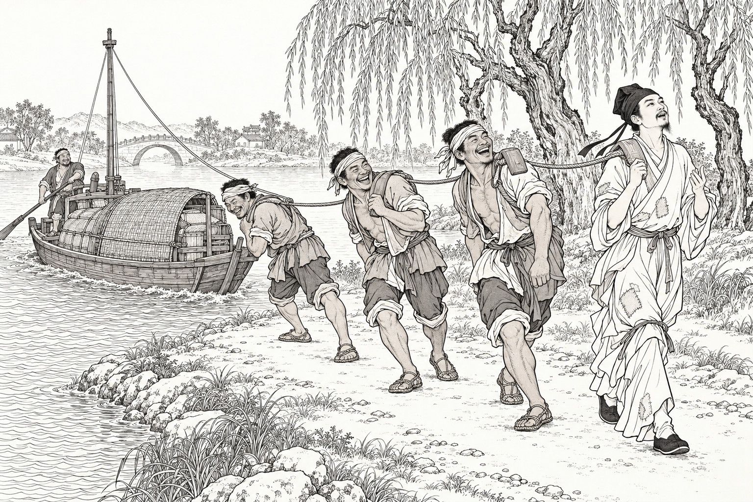 仿清末石印本的线描:垂柳下的运河岸边,三个裹头巾、肩垫纤板的船夫笑着拉纤,拖着一条有篷的货船;一位穿补丁长袍的瘦书生肩上也垫着纤板,仰着头边走边吟诵;船尾的船老大用长桨掌舵。