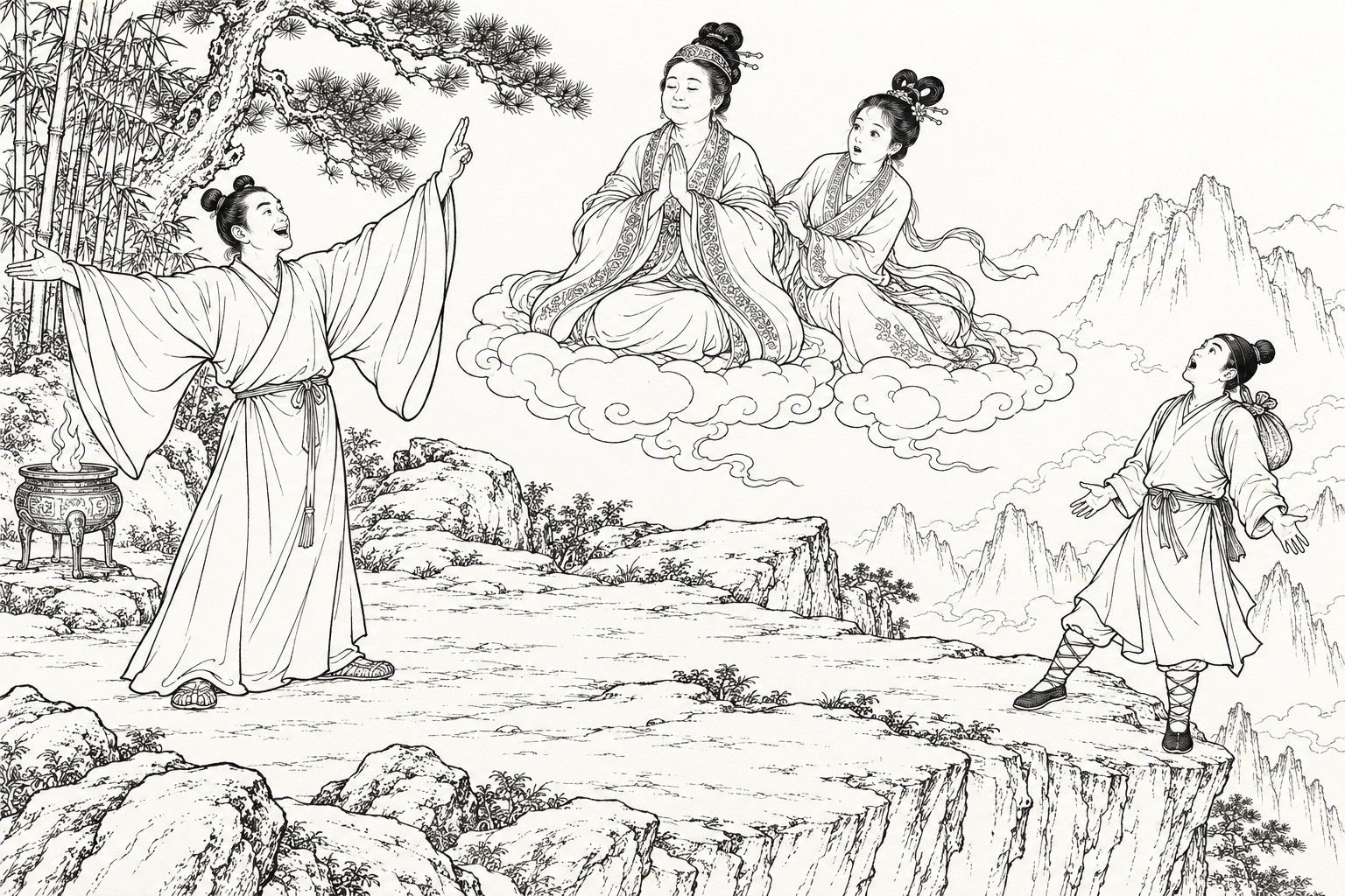 A line drawing in the manner of a late-Qing lithographed edition: on a cliff-top platform beside a bronze tripod burner, a laughing young Daoist spreads one wide sleeve and points skyward while an elderly lady with palms together and a young woman clutching her sleeve float away seated on a cloud, and a youth with a bundle on his back stands at the cliff edge gazing up with open hands.