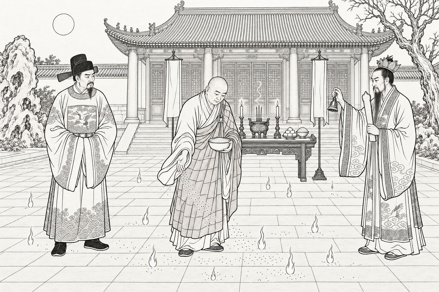 A line drawing in the manner of a late-Qing lithographed edition: on a moonlit night in the paved courtyard before a great hall, an official in a gauze cap stands watching while a shaven-headed monk scatters rice from a bowl and a Daoist priest in a lotus crown raises a hand bell and holds a ritual tablet, with small flames flickering on the flagstones and an altar with candles and an incense burner behind them.