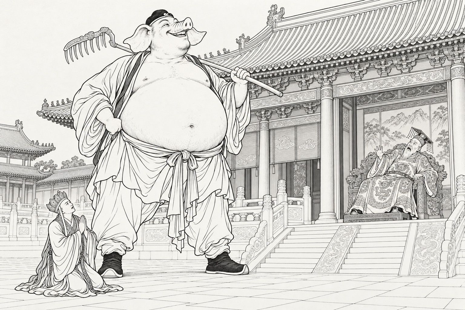 A line drawing in the manner of a late-Qing lithographed edition: in the broad paved court before a palace hall by day, a huge pig-faced figure with a bare round belly stands grinning with one hand on his hip and a nine-toothed rake over his shoulder, a young monk kneels at his feet with palms together and looks up in dismay, and a crowned old king on a dragon throne in the hall doorway shrinks back with one hand raised, beside carved balustrades, stone steps and a double-eaved tiled roof.