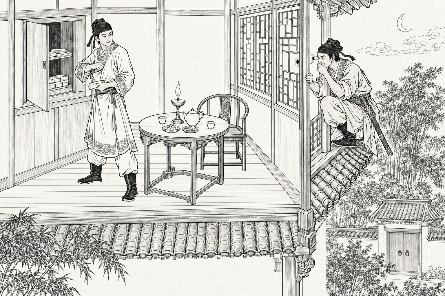 仿清末石印本的線描：夜裡，二樓的屋子朝外的牆被剖開；穿繡邊袍子的俊朗青年站在敞開的暗櫃前，把一包扁平的紙包銀子往懷裡揣，笑著回頭張望，身後圓桌上點著燈、擺著茶具；窗外的瓦簷上，裹頭巾的劍客蹲著，眼湊在窗紙的小洞上，一手捂嘴忍笑。
