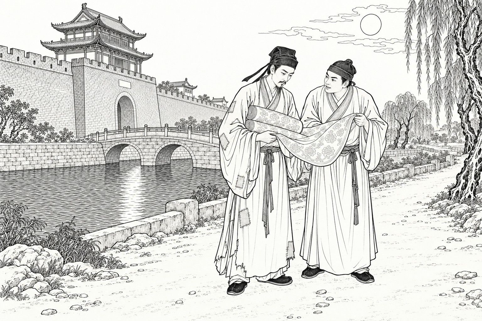 仿清末石印本的線描：夜裡滿月下的城牆外，兩個人在護城河邊低頭看兩匹花緞：穿補丁長袍的清瘦書生懷抱著布卷，戴帽的年輕人托起垂下的一頭與他交談；身後是石橋和城門樓。