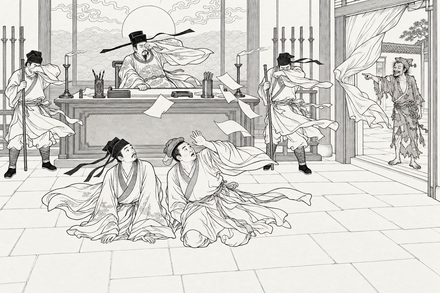 A line drawing in the manner of a late-Qing lithographed edition: in a county courtroom, a gale blows robes and cap ribbons sideways and sends papers flying; the magistrate behind the desk shields his eyes with his sleeve, two attendants with staves cover their faces, two men kneel in the middle of the floor looking up, and at the right a ragged monk stands in the doorway pointing a finger at the desk, laughing.