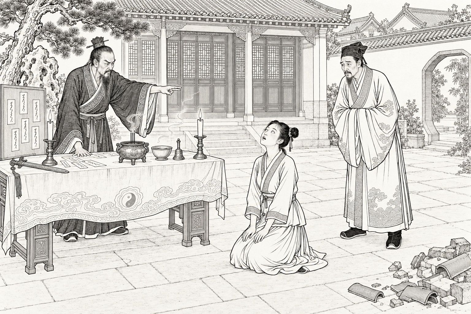 A line drawing in the manner of a late-Qing lithographed edition: in the front courtyard of a large house by day, a Daoist behind an altar table, with an incense burner, candles and paper charms on it, points sternly at a young maid kneeling dazed on the flagstones, while the master of the house stands to the right with his hands in his sleeves, with a pine, a garden rock, a tiled hall and a moon gate behind and broken tiles in the corner.