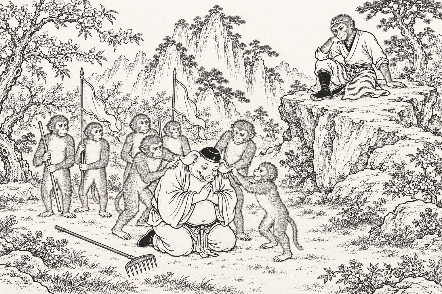 A line drawing in the manner of a late-Qing lithographed edition: by day on a flowering mountain, a monkey king in a pilgrim's tunic and tiger-skin kilt sits on a high rock with his chin on his hand, smiling down at a stout pig-faced man who kneels in the middle with palms together and head bowed, held by the shoulders and ear by small monkeys, his rake on the ground and more monkeys with plain pennants and staves standing behind, among blossoming trees and crags.