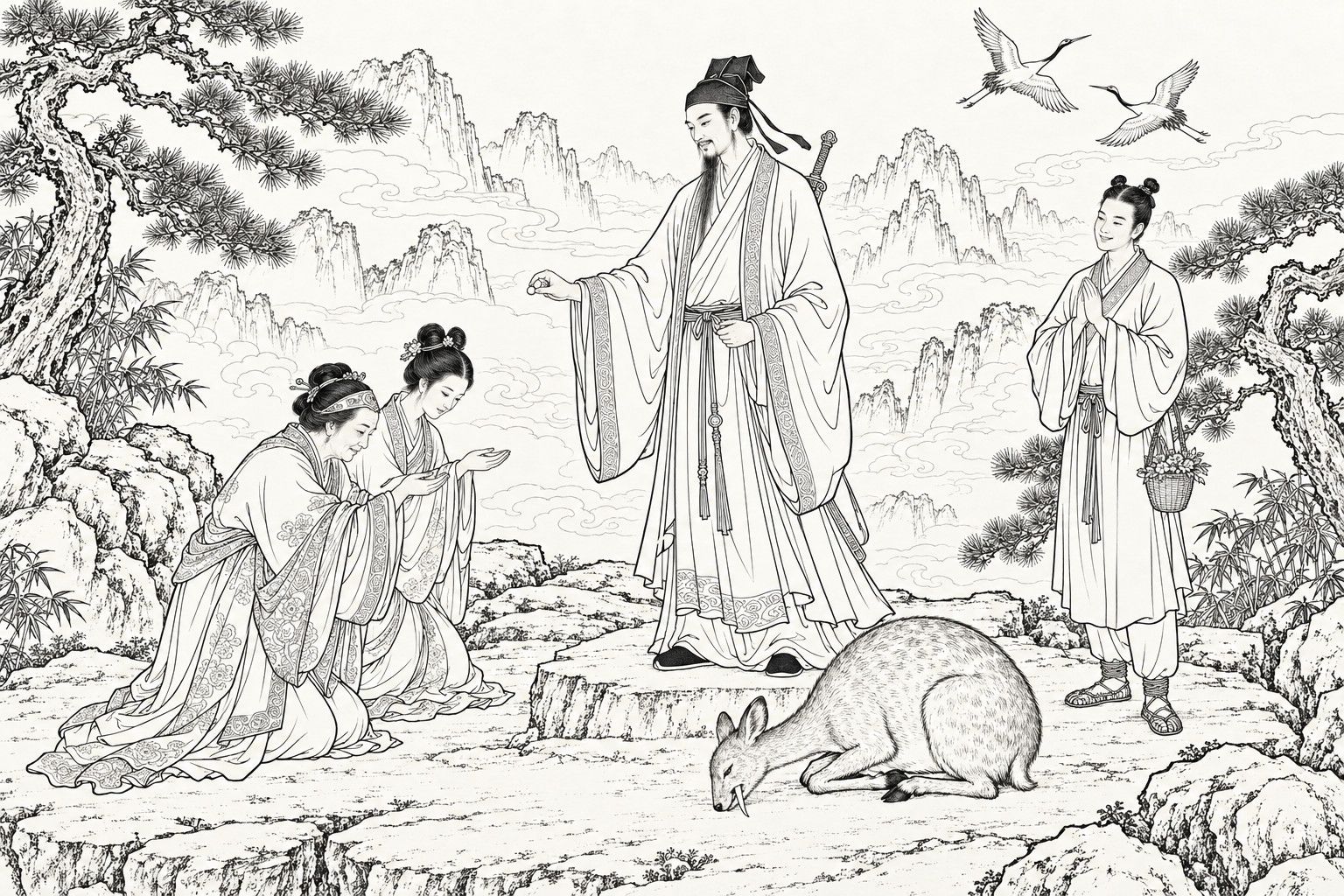 A line drawing in the manner of a late-Qing lithographed edition: on a rocky mountain terrace under pines, a tall bearded immortal with a sword on his back holds out a small pill, an elderly lady and a young woman kneel with open palms to receive it, a tuskless deer bows its head to the ground at his feet, and a smiling young Daoist with a flower basket stands with palms together as two cranes fly overhead.