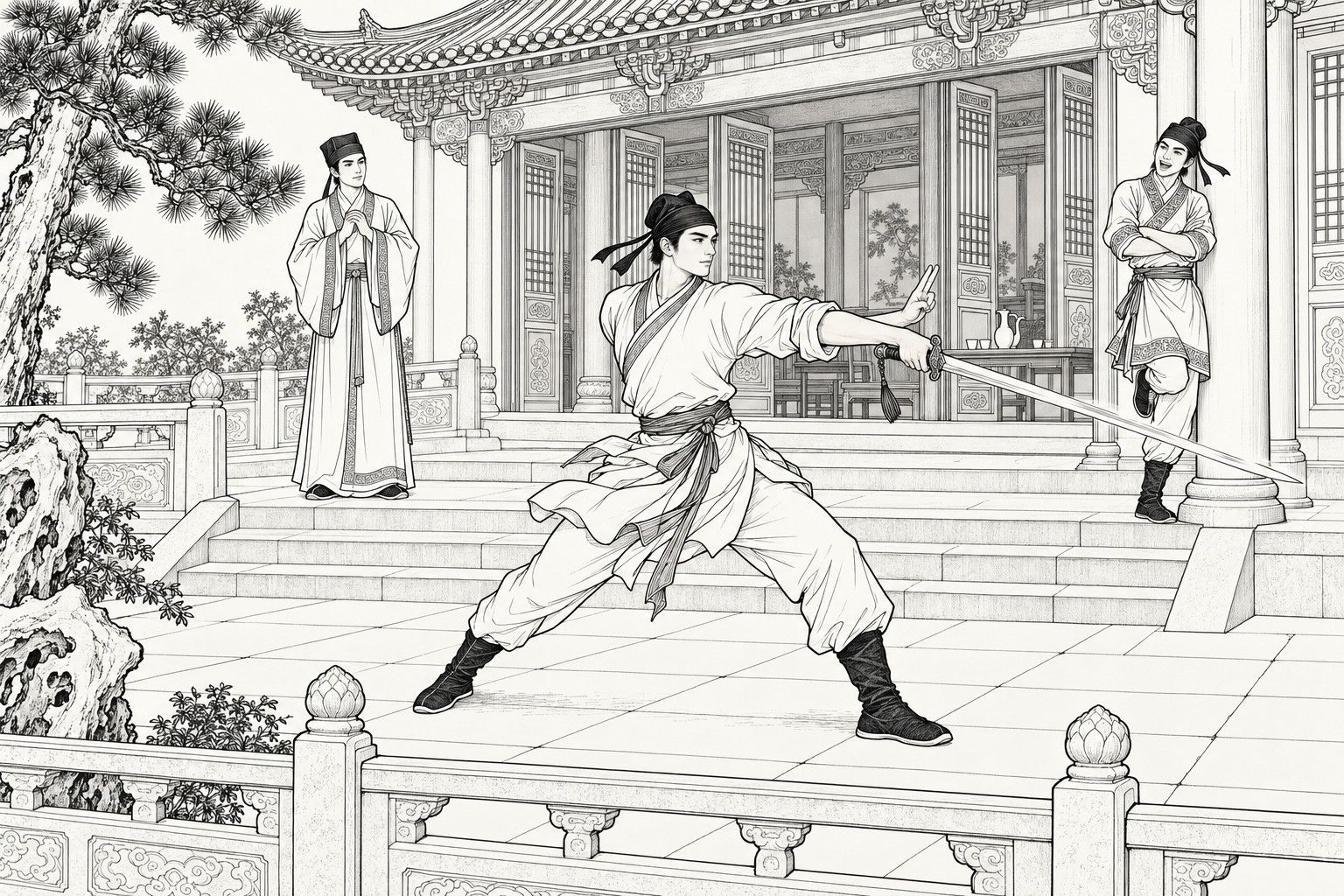 A line drawing in the manner of a late-Qing lithographed edition: by day on the broad stone terrace in front of a manor's main hall, a tall swordsman in a head cloth, sleeves rolled and robe-hem tucked up, performs a sword dance, one foot advanced and the bright blade sweeping out to the side; on the left a young man in a long scholar's robe and cap watches gravely with his hands joined, and on the right his identical-looking twin leans against a pillar with arms crossed and one foot hooked up, calling out his applause with a grin.