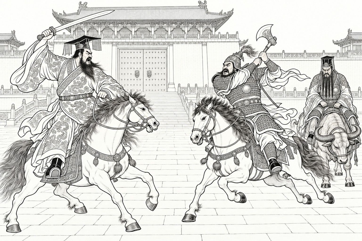 仿清末石印本的线描:宫门楼前,国王骑在奔腾的白马上高举阔刀,披甲戴盔的将军纵马冲来、战斧举在肩后;二人身后,戴高冠的长须元帅骑在粗壮的大角牛上低着头,五绺长须垂在甲胄前。