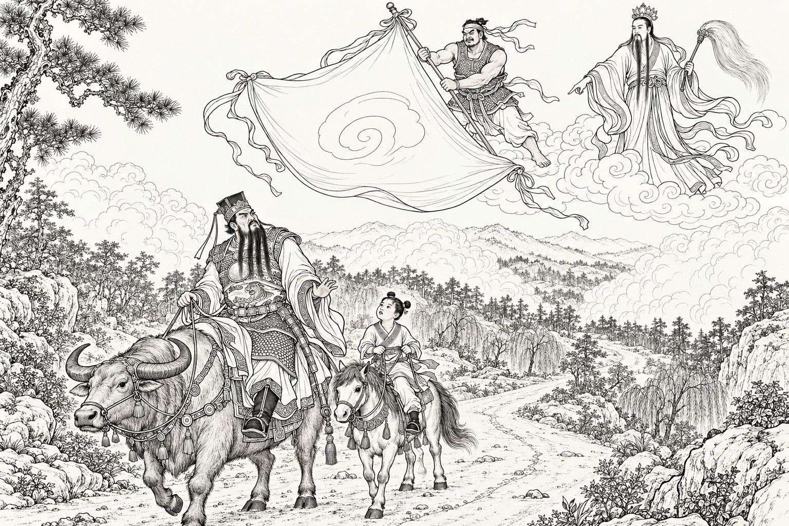 仿清末石印本的線描:雲下的林間山路上,披甲、胸前有圓護鏡的長鬚將軍騎著粗壯的大角牛,回頭望去,神色凝重;他梳著兩個髮髻的小兒子騎著小馬跟在身邊。雲端上,手持拂塵的道人俯身下指,纏頭的壯碩侍從在路上方抖開一面素色大旗。