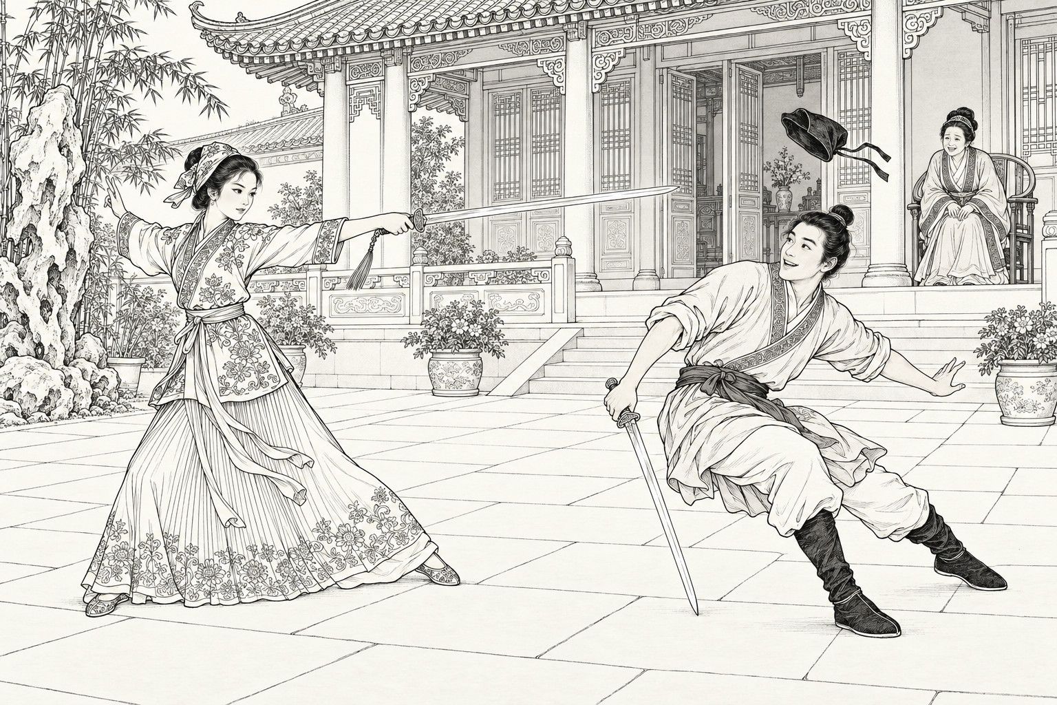 A line drawing in the manner of a late-Qing lithographed edition: by day in the paved courtyard before a manor hall, a young lady in an embroidered jacket and pleated skirt, a patterned kerchief on her head, sweeps her sword out in a flat arc; a young swordsman with sleeves rolled and robe tucked into his sash crouches back and leaps away from her blade, his own sword pointing down and his cap spinning through the air above him, while an older woman sits laughing in an armchair on the veranda behind.