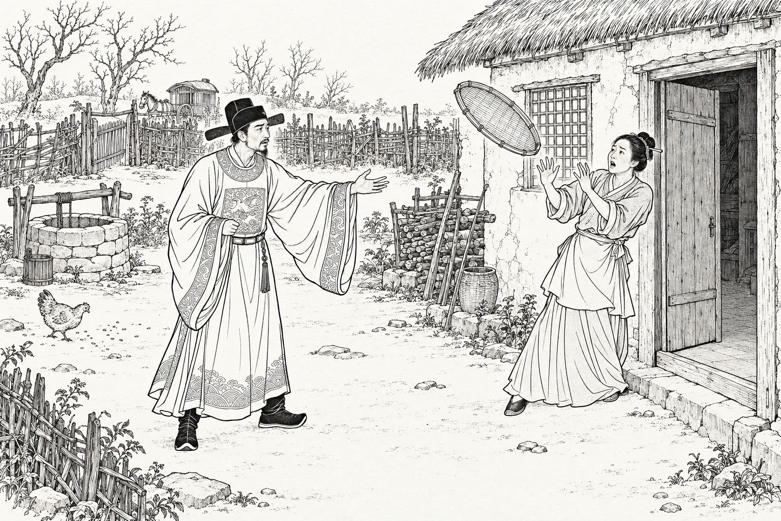 A line drawing in the manner of a late-Qing lithographed edition: in the yard of a poor thatched house, a scholar in a winged black cap and a long official robe stretches out one hand toward his wife, who shrinks back in the doorway with her hands raised as a round bamboo winnowing tray tumbles through the air; a well, a woodpile and a hen are in the yard.