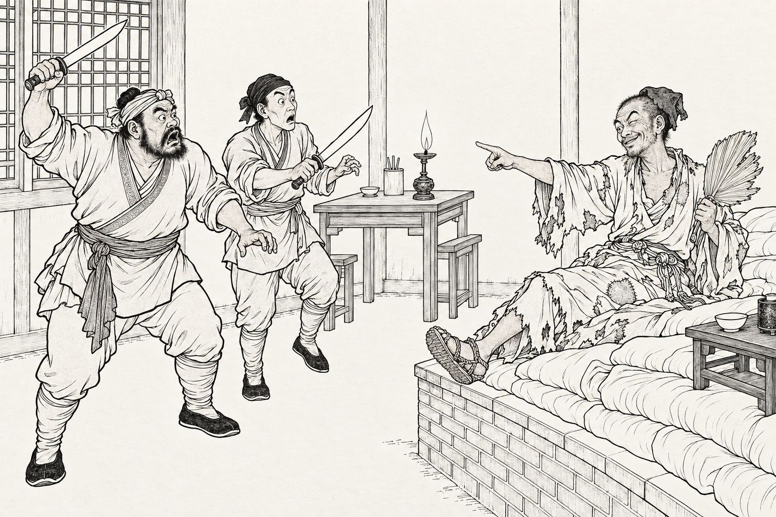 A line drawing in the manner of a late-Qing lithographed edition: in a village inn at night, two ruffians in headbands, one stout and bearded, one lean, stand frozen mid-stride with long knives raised and mouths open; at the right a ragged monk sits up on a brick sleeping platform, pointing a finger at them with a sly grin, a palm-leaf fan in his other hand.