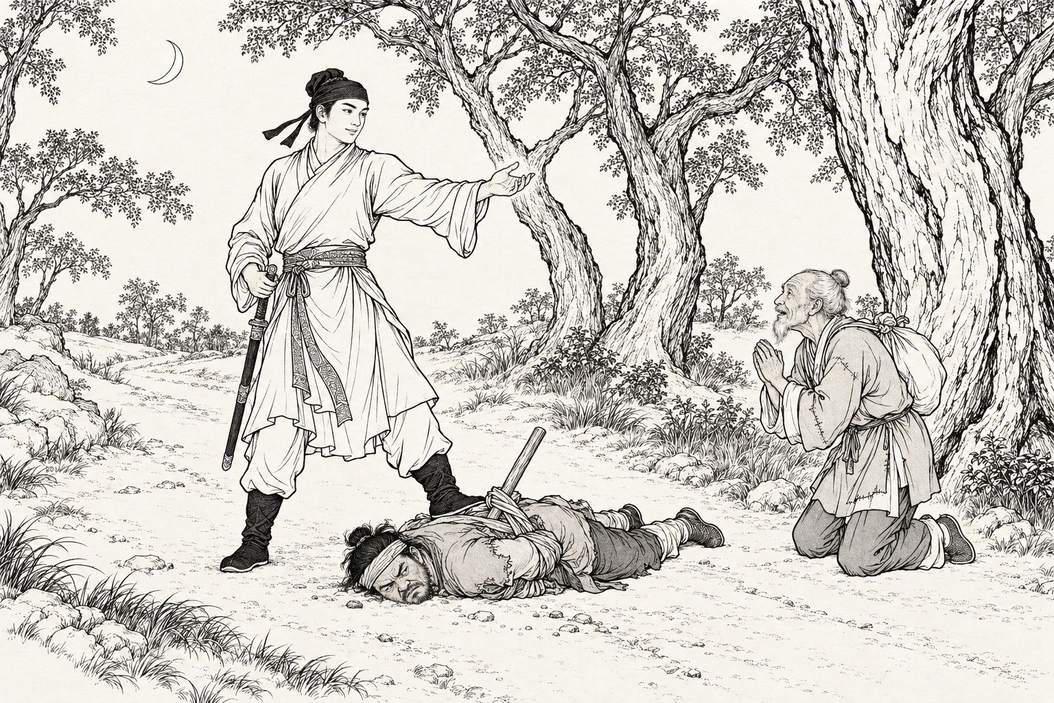 A line drawing in the manner of a late-Qing lithographed edition: at night in an elm grove beside a country road under a thin crescent moon, a young swordsman in a head cloth stands with one boot on the back of a rogue lying face down with arms bound and a stick thrust through the cords, and holds out his right hand towards an old man who has come out from behind a thick trunk and kneels with hands joined and a bundle on his back.
