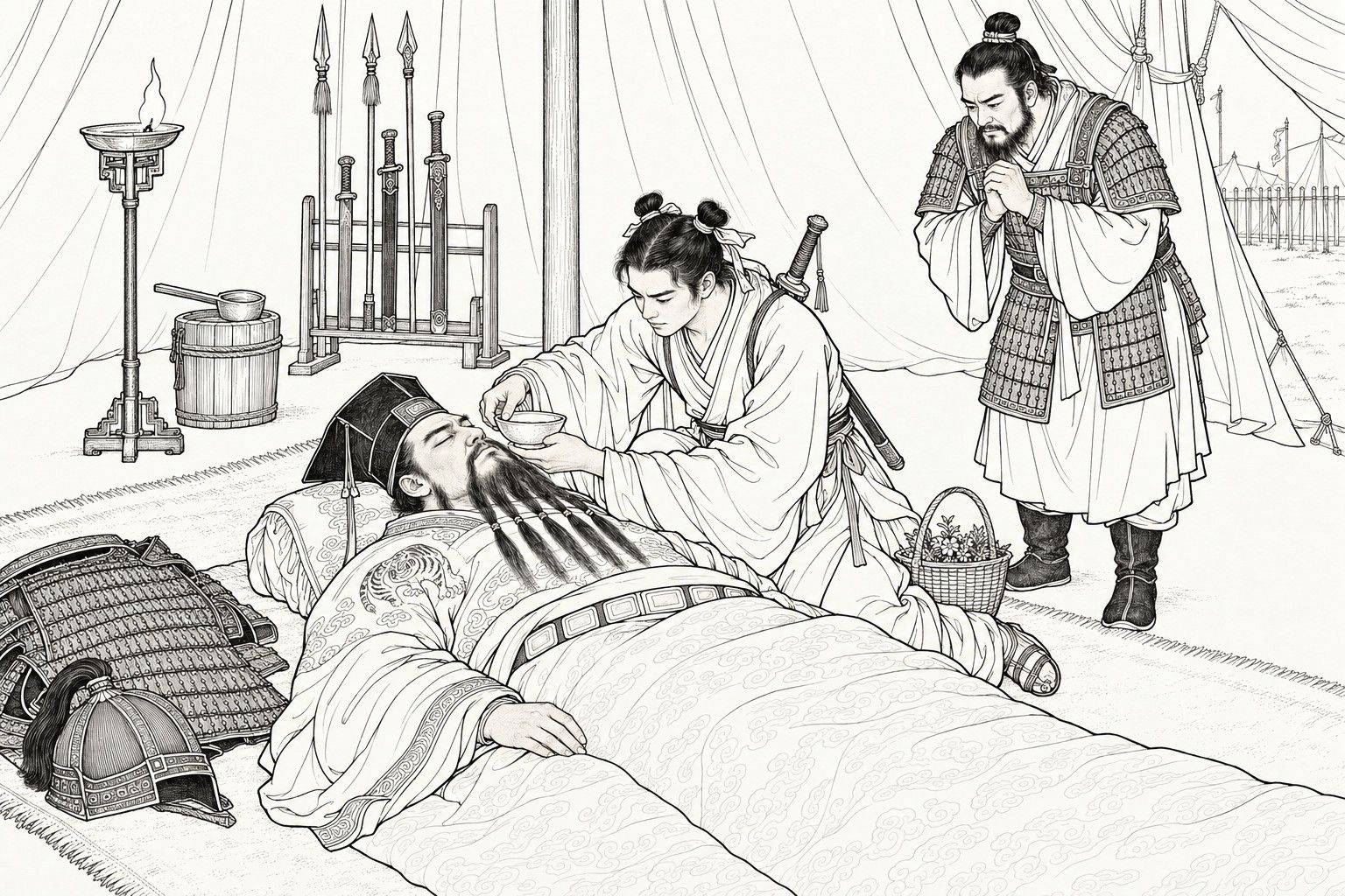 A line drawing in the manner of a late-Qing lithographed edition: inside a camp tent, a young Daoist with two hair tufts and a sword on his back kneels by an unconscious bearded lord lying on a rug and tips a small bowl of medicine to his lips, the lord's long beard laid across his chest in five separate locks, while a bearded officer in a short armoured jacket stands behind them with his hands pressed together; the lord's armour and helmet lie beside him.