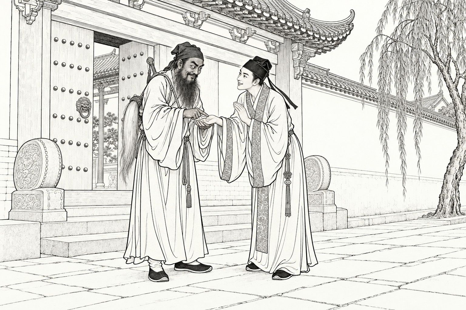 A line drawing in the manner of a late-Qing lithographed edition: outside the great studded gate of a rich house, a bearded Daoist with a sword slung across his back and a fly-whisk at his shoulder holds the palm of a young man in a scholar's cap, reading it with a thin smile, while the young man bows with a hand raised and a smile; a willow stands at the right.