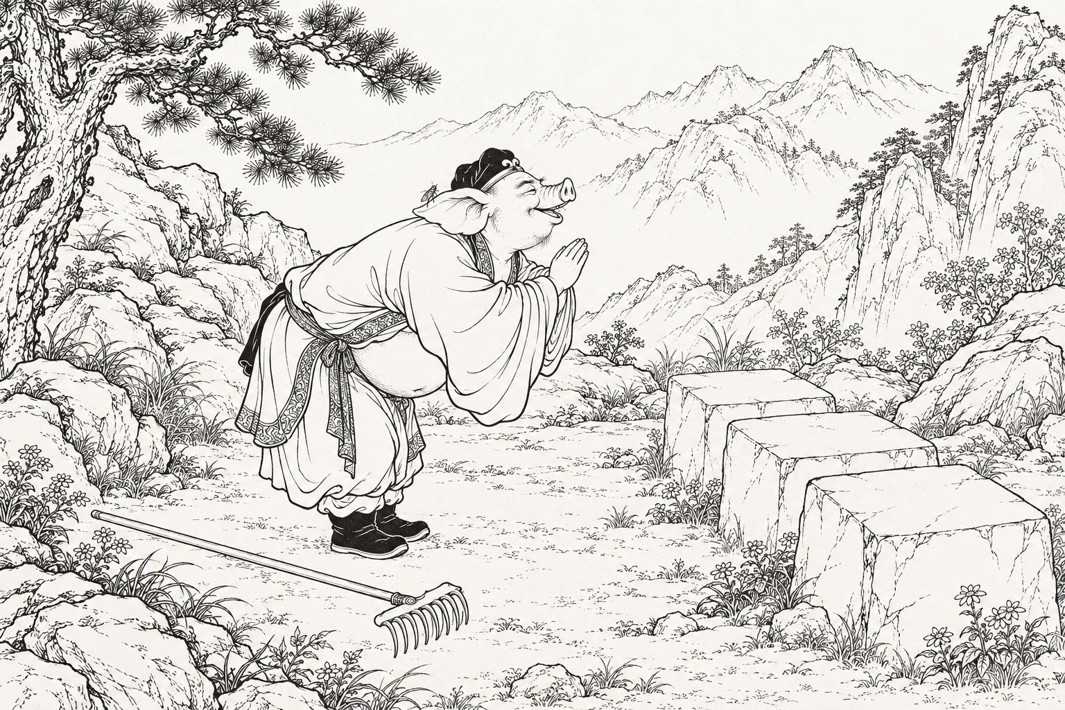 A line drawing in the manner of a late-Qing lithographed edition: in a mountain hollow in spring, Zhu Bajie bows deeply with his hands clasped before three square stones as big as tabletops, his snout tilted up and his eyes shut, his rake lying on the ground behind him, and a tiny winged insect sits behind his ear.