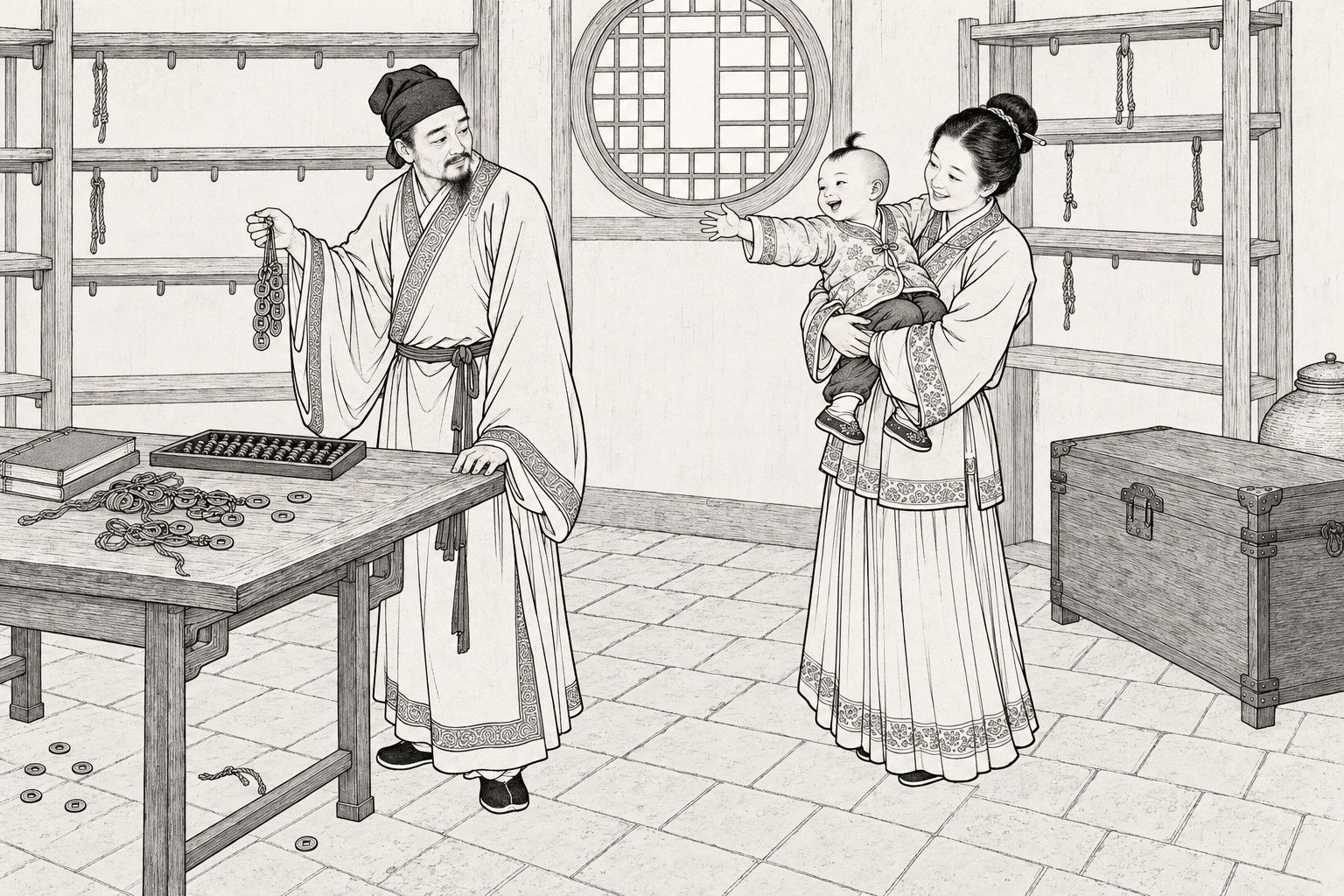 A line drawing in the manner of a late-Qing lithographed edition: in a plain brick-floored storeroom by day, a bearded steward in a soft cap and long robe stands beside a low table holding a few strings of coins and looks back at a smiling nurse who carries a laughing little boy reaching out to him, with nearly empty wooden racks hung with cut rope, a round lattice window, an abacus and account books, a lidded chest and a water jar around them.