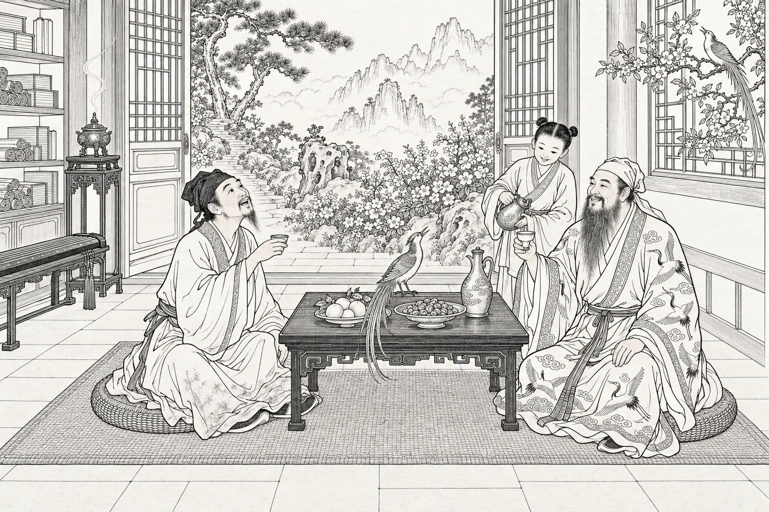 A line drawing in the manner of a late-Qing lithographed edition: in daytime in a mountain hermitage hall opening onto a flowering hillside with pines, rocks and misty peaks, a travel-worn scholar and a bearded Daoist in a crane-patterned cloak sit on rush cushions facing each other across a low table of wine and fruit, the scholar raising his cup and gazing up in wonder at a long-tailed bird singing on the table while a young boy with two top-knots pours wine behind them.