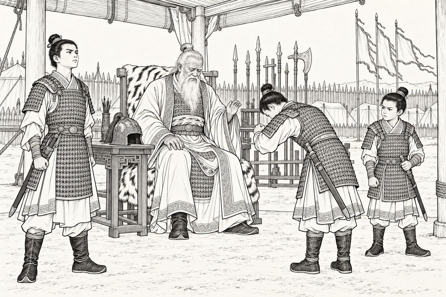 A line drawing in the manner of a late-Qing lithographed edition: in an open command pavilion, the white-bearded old marshal Huang Gun sits in a chair draped with a tiger skin, one hand raised and his eyes lowered; before him three young grandsons in linked-ring armour stand with swords at their hips, the second bowing deeply with joined hands while the other two stand firm.