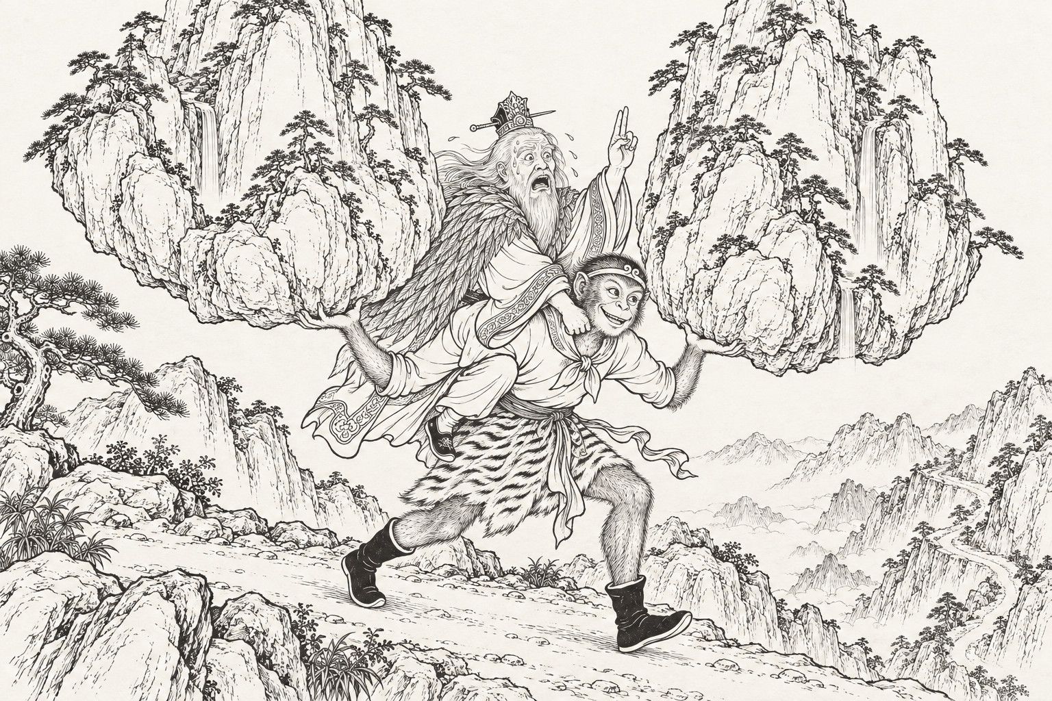 A line drawing in the manner of a late-Qing lithographed edition: on a rugged mountain road, Sun Wukong strides forward grinning, a whole steep mountain balanced on each shoulder and held up by one hand, while on his back clings an old Daoist in a feathered robe, sweat on his face and his mouth open in terror, two fingers raised as he mutters his spell.
