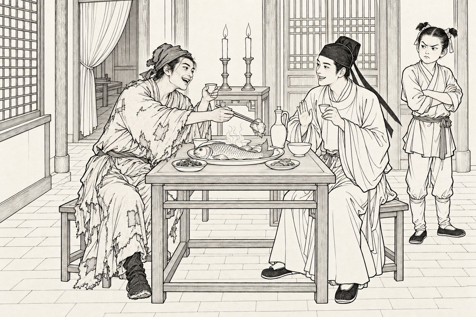 A line drawing in the manner of a late-Qing lithographed edition: at night in an inn's guest room, two candles burning behind a square table set with a whole carp, a wine pot and small dishes; a ragged scholar in a torn gown and split kerchief, laughing, reaches his chopsticks over with a piece of fish and lifts a wine cup, while a young scholar in a black cap smiles back with a hand raised, and at the right a young servant boy with two hair knots stands with folded arms and a sour face.