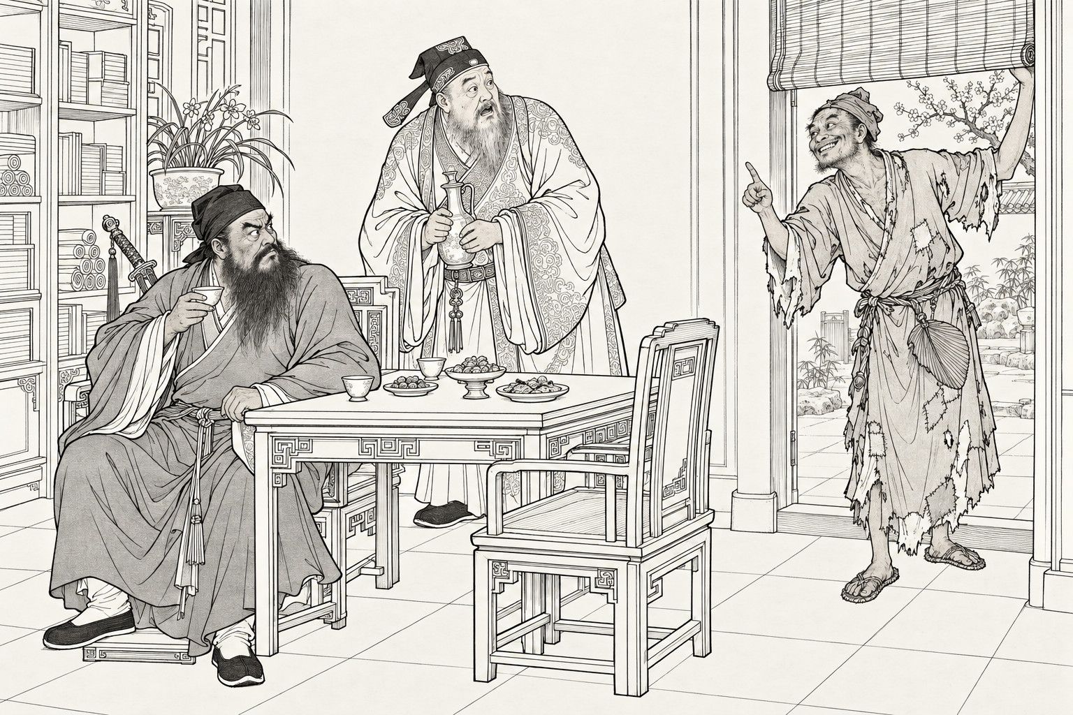 A line drawing in the manner of a late-Qing lithographed edition: in a study, a bearded Daoist with a sword slung at his back sits at a table with a wine cup halfway to his mouth, scowling sideways; behind the table a bearded squire in a patterned robe holds a wine pot in dismay, and at the right a ragged monk lifts the door curtain and wags a finger at the Daoist, grinning.