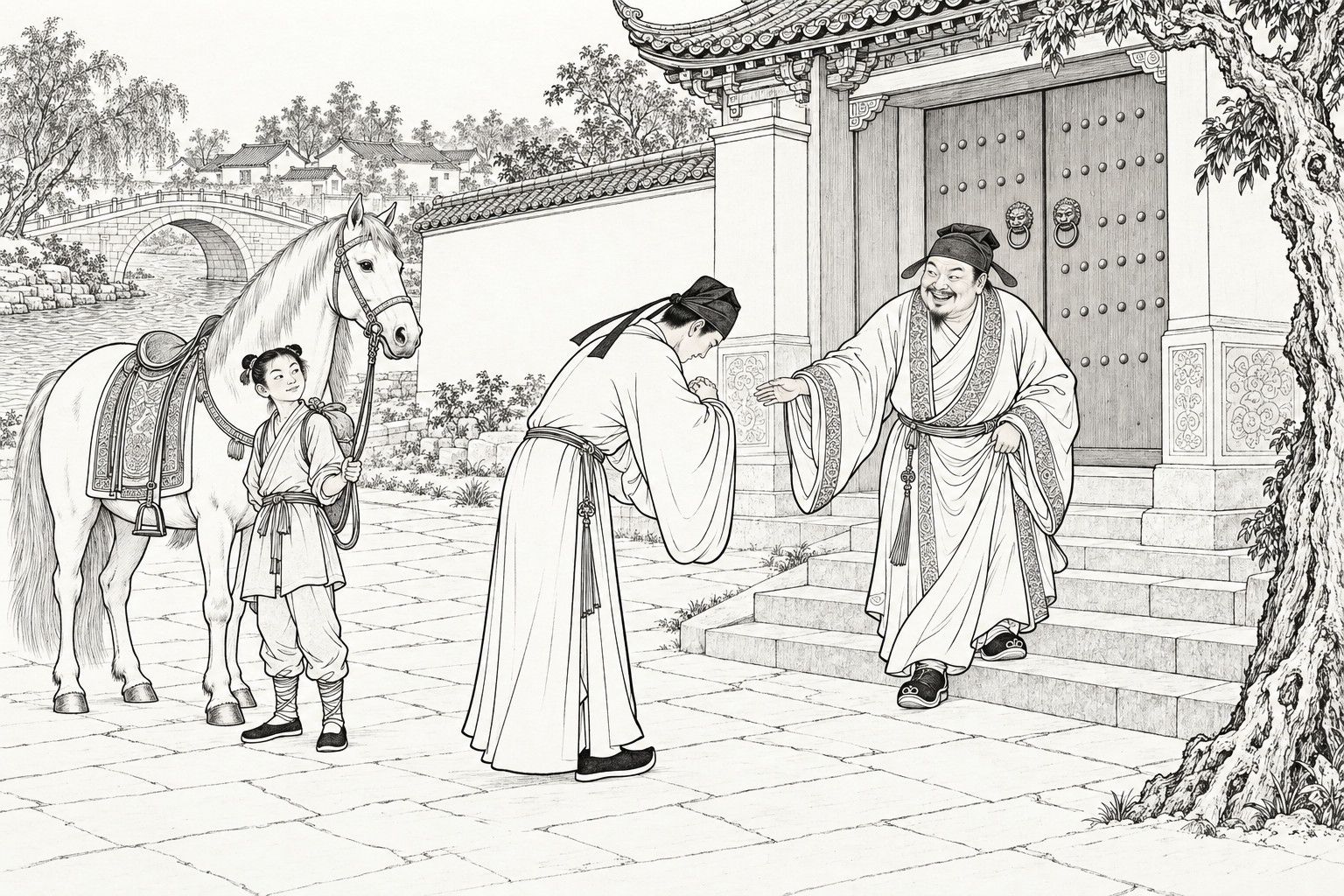 仿清末石印本的线描：白天殷实人家的大门前，门扇钉着门钉，门前石阶；穿新袍的青年书生双手合拢深深作揖；圆脸发福的员外满面堆笑，伸出一只手快步走下台阶去拦他；左边，背着小包袱的书童牵着一匹配好鞍的白马，嘴角带着一丝讥笑；后面溪上有一座小石拱桥。