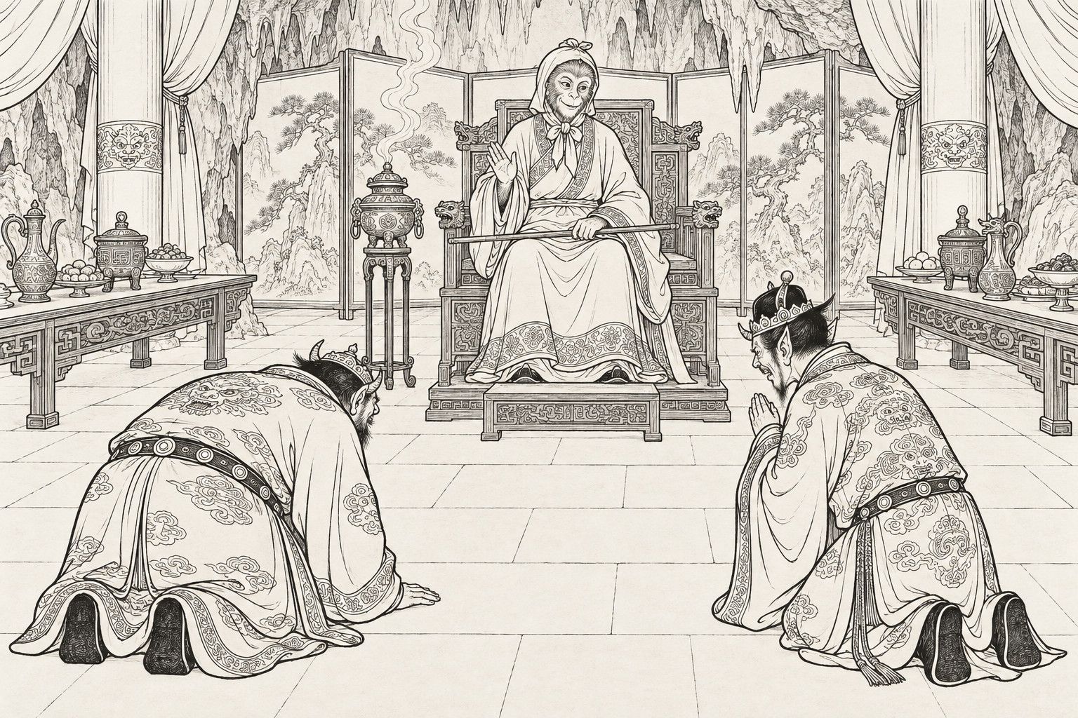 A line drawing in the manner of a late-Qing lithographed edition: in the great hall of a cave lair, Sun Wukong, wrapped in an old woman's gown and head-cloth and holding a staff across his knees, sits smiling on the master's seat with one hand raised, while the two demon kings kneel in the foreground, one bowing to the floor and the other with his hands joined.