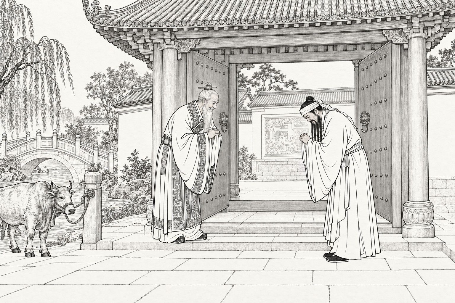 仿清末石印本的線描:白晝,一座大宅儀門敞開,門檻上身著繡邊官袍的白鬚老者拱手還禮,簷下一位身穿素白長袍、頭扎白巾的長鬚男子深深鞠躬,左側有拴在石樁上的牛、小石拱橋和垂柳。