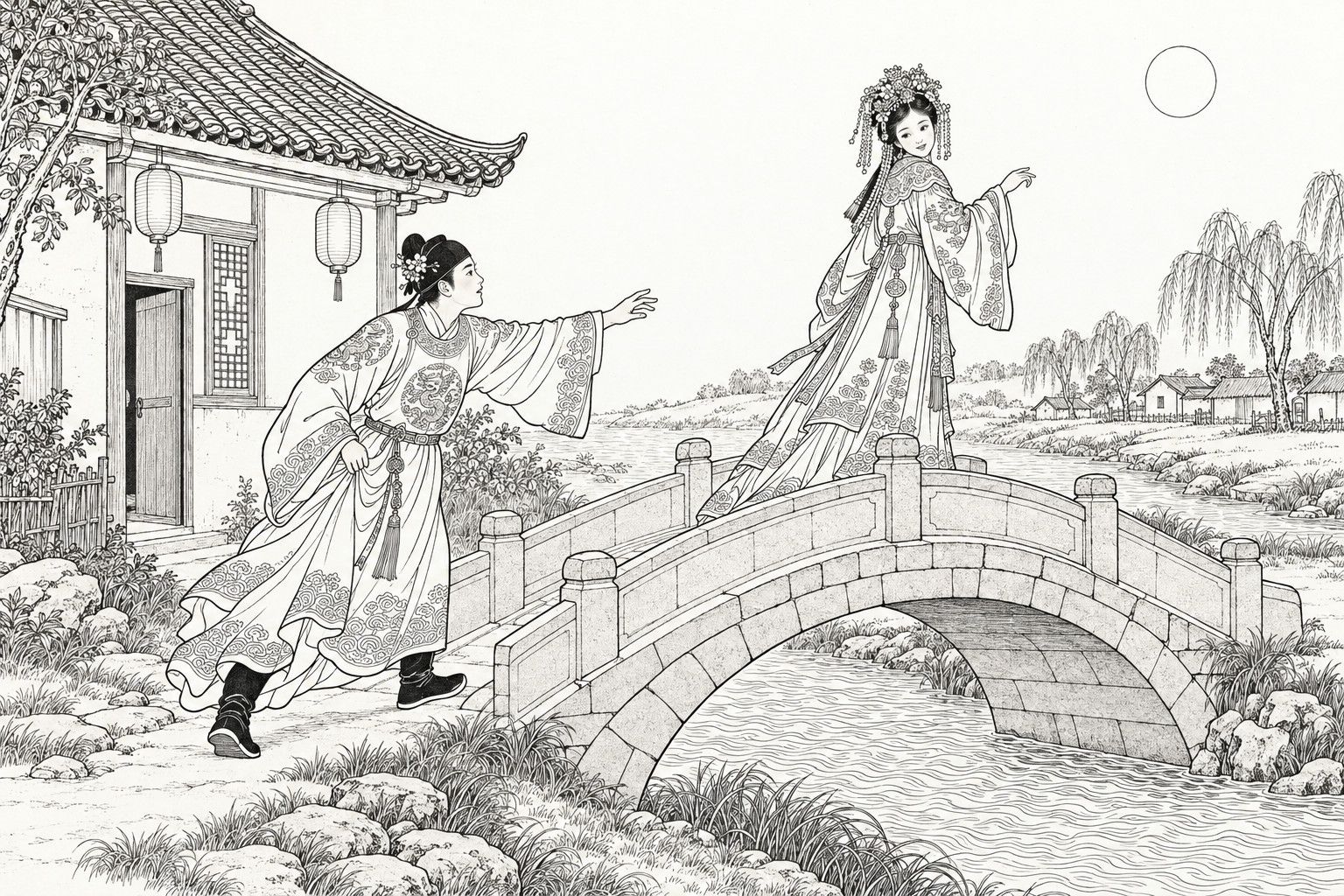 A line drawing in the manner of a late-Qing lithographed edition: on a moonlit night behind a village house, a young bride in Ming wedding finery stands on the crown of a small arched stone bridge, looking back and beckoning, while a young bridegroom in a wedding robe hurries after her from the near bank with his arm stretched out, with paper lanterns under the eaves, a stream below and willows and huts on the far bank.