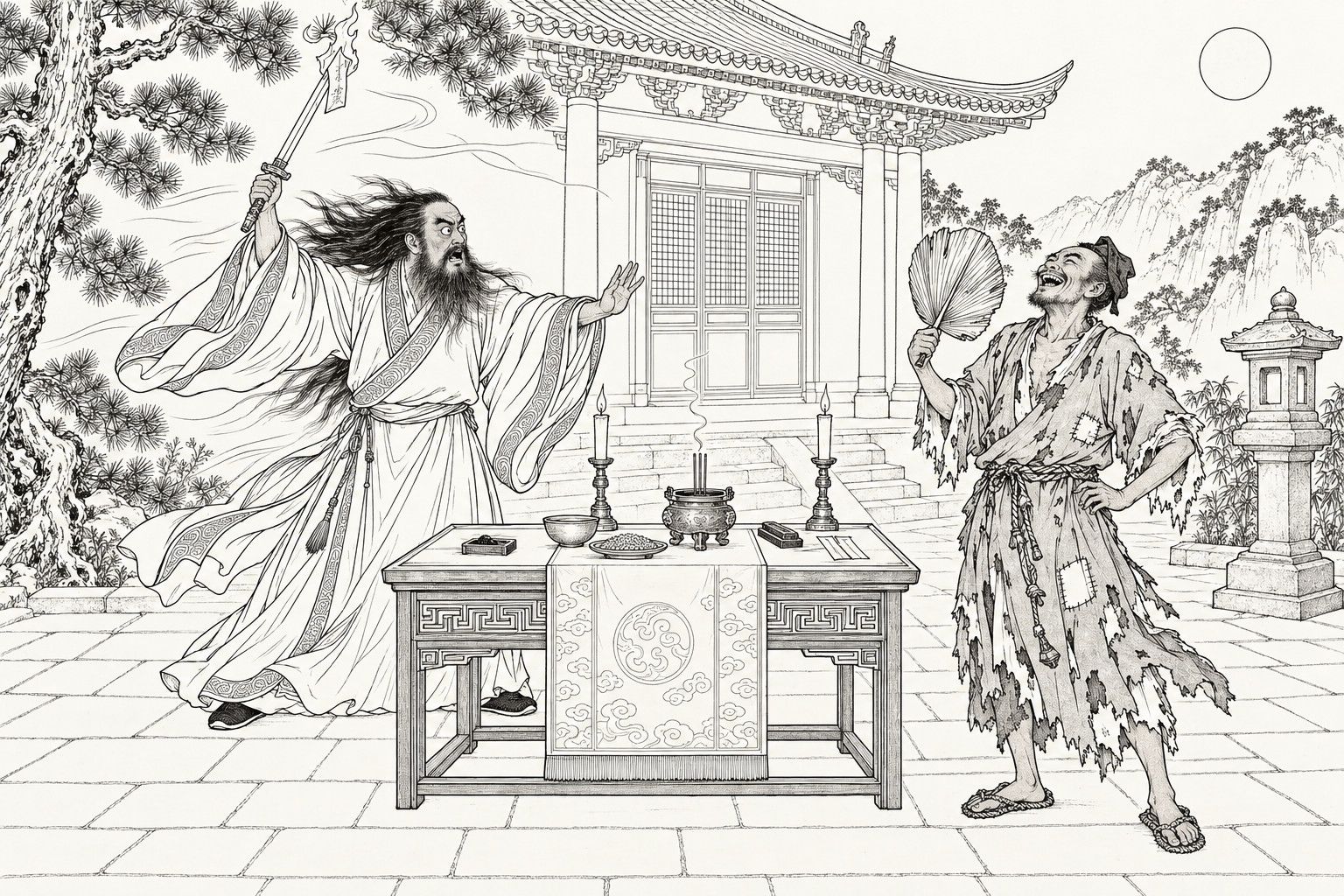A line drawing in the manner of a late-Qing lithographed edition: at night in a temple courtyard, a bearded Daoist with long hair streaming in the wind stands behind an altar table, holding up a sword with a burning charm and staring in astonishment; in front of the table at the right a ragged monk laughs aloud with a palm-leaf fan in one hand and the other hand on his hip.