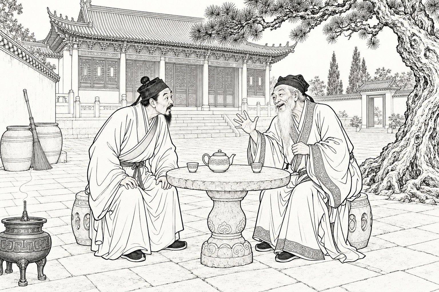 A line drawing in the manner of a late-Qing lithographed edition: on a bright day in the paved courtyard of a Daoist temple, a white-bearded old man seated at a round stone table gestures with a raised hand as he tells his story, while a bearded Daoist opposite leans in with both hands on his knees, wide-eyed, a teapot and two cups between them, with an old pine, water jars, a broom, an incense burner and the temple hall behind.
