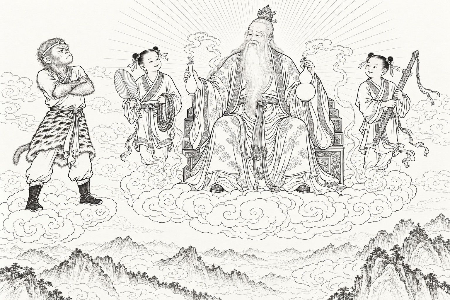 仿清末石印本的線描:高空雲端,遠山之上,白鬚老仙坐在雲托的雕花座上,兩手分持葫蘆與淨瓶,瓶口葫蘆口各升起一縷仙氣,身後霞光呈扇形散開;左側雲上一隻圍虎皮裙的猴子抱臂撇嘴而立,座旁兩個童子分別捧著寶劍、持著蒲扇並臂挽繩索。