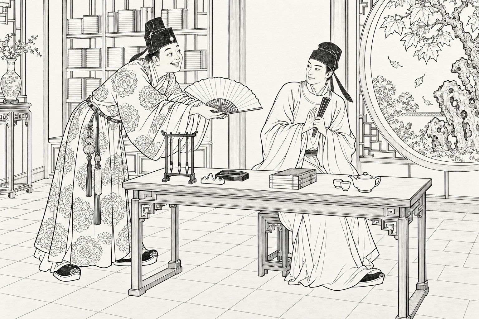 仿清末石印本的線描：白天花園書齋裡，戴綴珠帽、穿滿繡大團花長袍的紈絝青年俯身湊在書案前，咧嘴笑著遞出一把展開的摺扇；坐在右邊的青年書生一手握著合起的摺扇，身體後仰，另一隻手抬掌婉拒；案上有筆架、硯臺、書冊和茶壺，圓窗外有樹葉飄落。