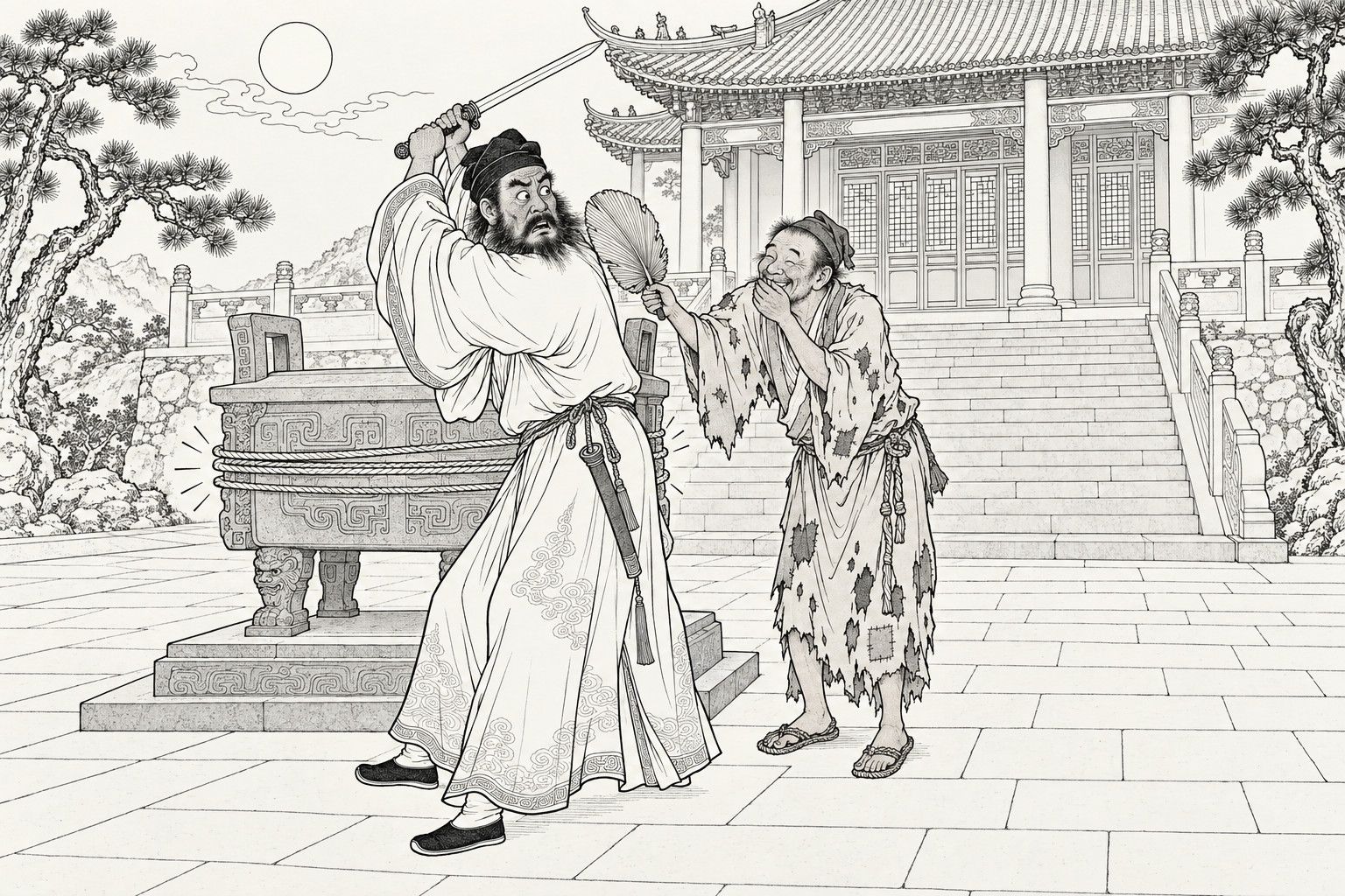 A line drawing in the manner of a late-Qing lithographed edition: at night before a temple hall, a bearded Daoist raises a sword over his head, a rope wound three times round a stone incense burner beside him, and stares in dismay as a ragged monk, laughing behind his hand, taps his shoulder with a palm-leaf fan.