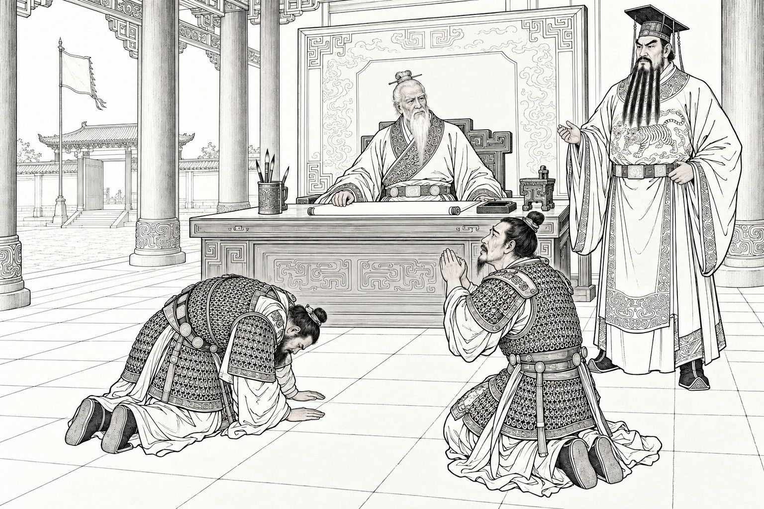 仿清末石印本的线描：厅堂里，白须老者坐在宽大的书案后，手边摊着一卷空白绢帛；两位披甲军官跪在案前，左边一人几乎把额头贴到地上，右边一人举起合十的双手。案旁站着一位身穿绣虎袍的高大将军，一手按在腰带上，五绺长须分开垂在胸前。