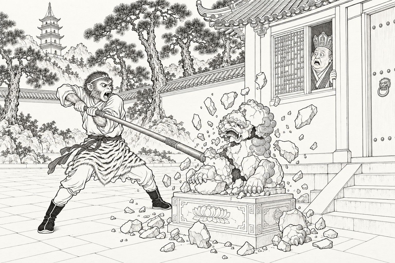 A line drawing in the manner of a late-Qing lithographed edition: in a temple courtyard, Sun Wukong, mouth open and teeth bared, swings his iron staff down on a stone lion standing on a carved plinth by the door, and chunks of stone fly in all directions; at the lattice window behind, a stout old abbot peers out with a frozen look of terror.