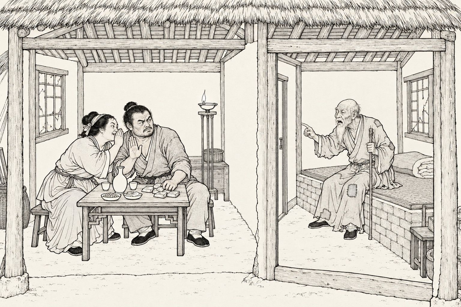 A line drawing in the manner of a late-Qing lithographed edition: at dusk in a poor thatched farmhouse shown cut open into two rooms: in the left room a thick-set man raises a flat hand to hush his wife, who leans close and whispers behind her hand, a wine pot, cups and flat packets of silver on the table before them and an oil lamp beside; in the right room an old man with a bald head and long white beard, eyes closed, sits on a brick bed holding a walking stick and points sternly towards them.