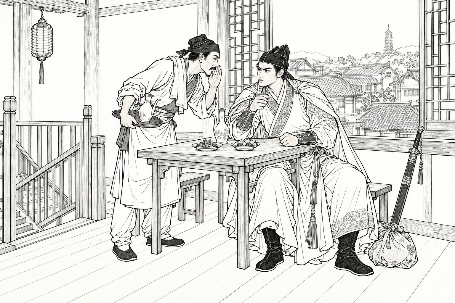 A line drawing in the manner of a late-Qing lithographed edition: at an upstairs window table in a tavern, a young knight in a cloak and cap sits with a wine cup raised, brows drawn in anger, listening to a thin waiter with a towel on his shoulder who bends close and whispers behind his hand; a sabre in its scabbard and a cloth bundle rest beside the knight.