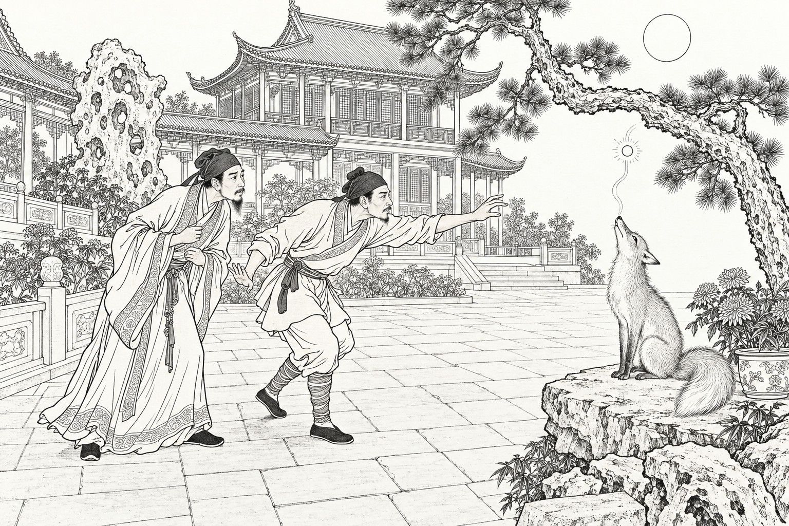 A line drawing in the manner of a late-Qing lithographed edition: on a moonlit night in the paved courtyard of a grand mansion, a runner in a short belted jacket and leggings tiptoes forward with one arm stretched out while a scholar in a long gown stoops close behind him, and on a rock slab at the right a fox sits with its head tipped back as a small bright ball rises from its mouth toward the moon, with a pavilion, a pierced garden rock and a leaning pine behind.