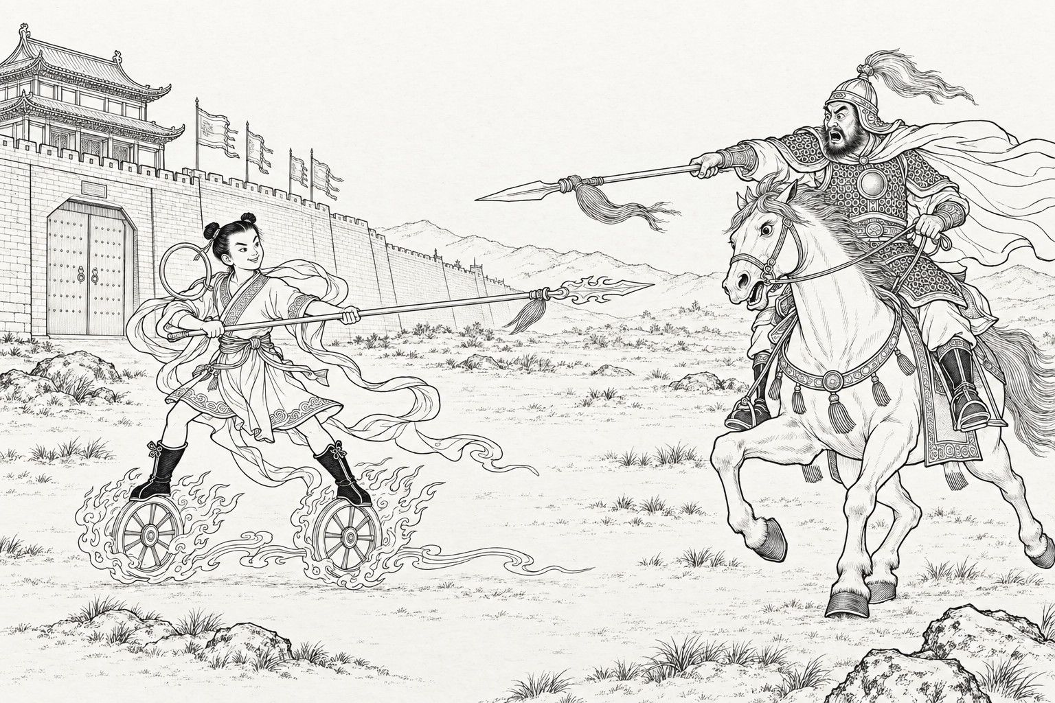 仿清末石印本的线描：城墙外，梳着两个发髻、穿高筒黑靴的少年咧嘴而笑，双脚分开站在两只火焰缭绕的轮上，长枪横在身前，绸带飘飞；披甲、盔插长缨的主将骑着扬蹄的白马，张口大喝，挺枪刺向他。