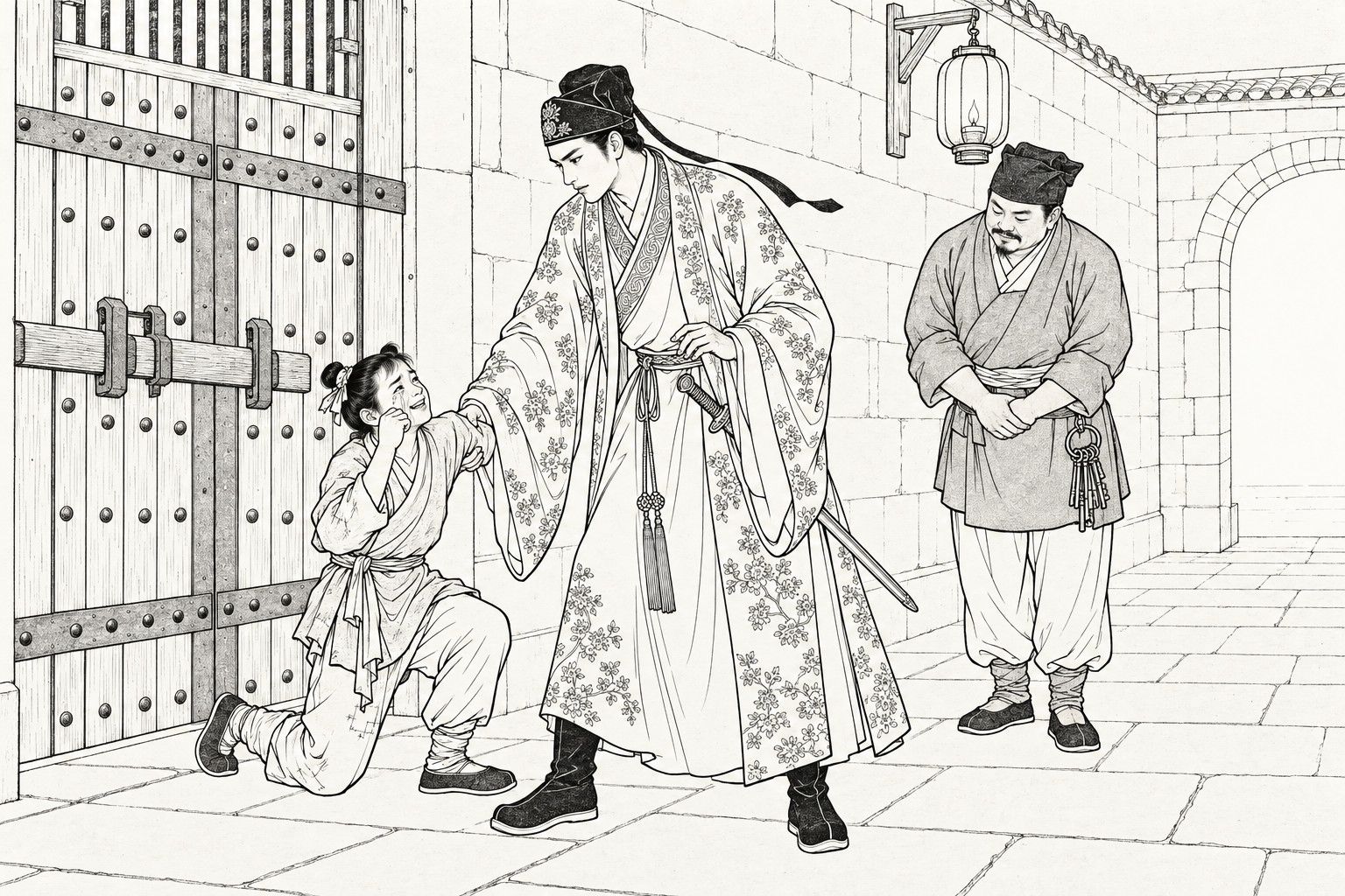 A line drawing in the manner of a late-Qing lithographed edition: by day in a passage inside a county jail, before a heavy studded plank gate, a tall young gentleman in a flower-embroidered robe and cap with long ties, a sword at his hip, grips the arm of a tearful servant boy who is half risen from kneeling and wipes his cheek; at the right a stocky jail headman with a ring of keys at his belt stands bowing with folded hands, and a lantern hangs on the stone wall above.