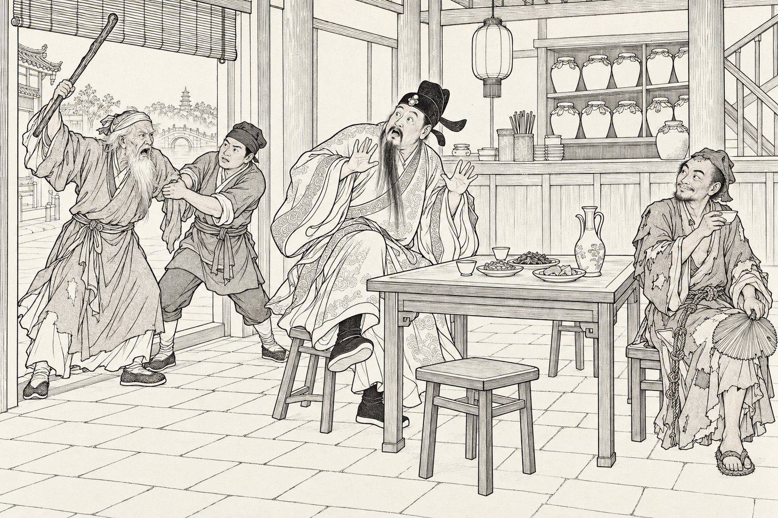 A line drawing in the manner of a late-Qing lithographed edition: in a tavern, a white-bearded old man in a worn gown bursts in at the left with his stick raised, held back by the arm by a servant; a bearded squire in a patterned robe springs up from his stool with both hands raised in alarm, while a ragged monk sits at the table on the right with a wine cup in one hand and a palm-leaf fan in the other, watching sidelong with a smile.